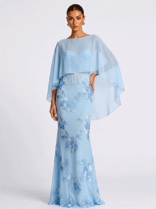 3D Floral Lace Mermaid Maxi Gown With Matching Chiffon Cape