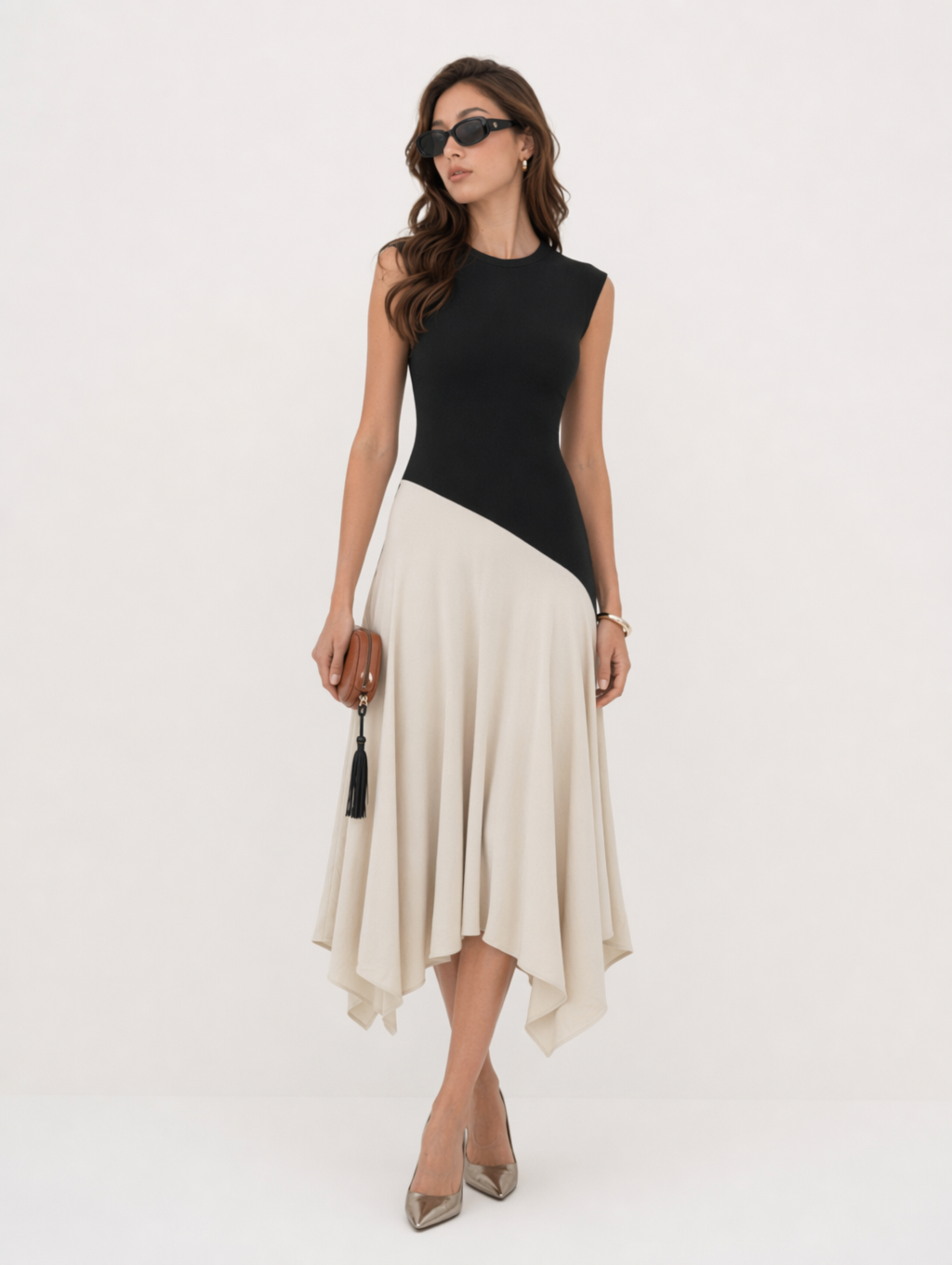 Color Block Sleeveless Asymmetrical Midi Dress