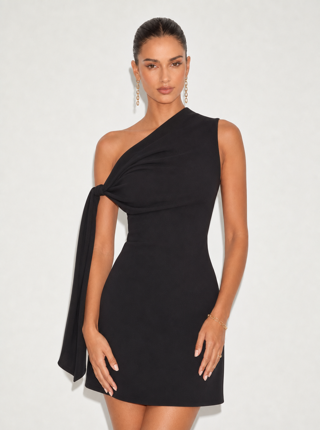 Zephrina Delphine one-shoulder knot mini dress in apricot