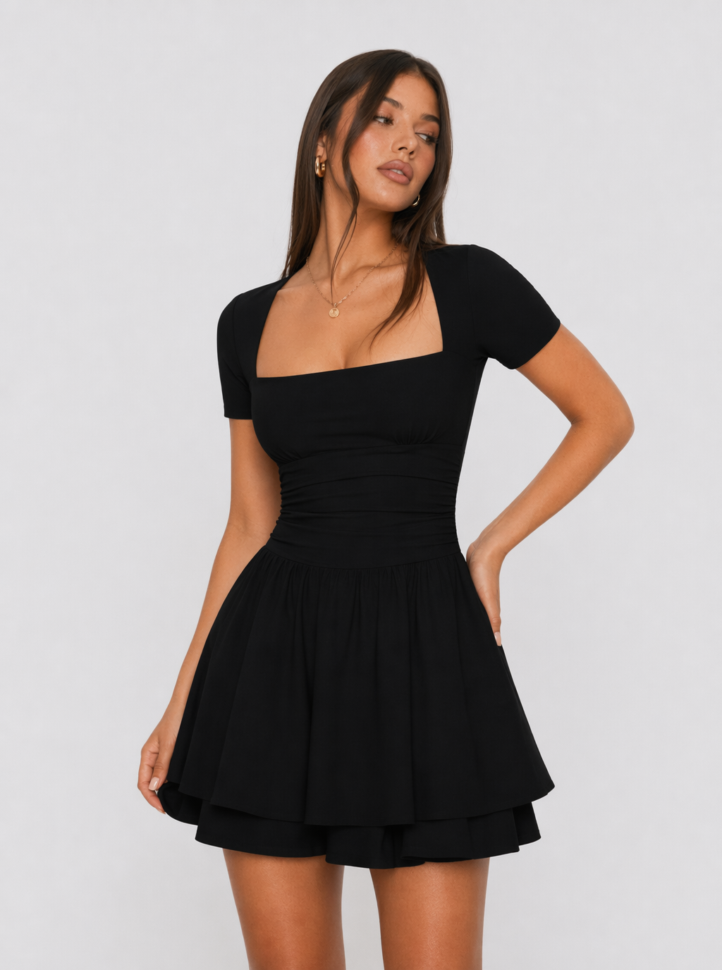 Zephrina Square Neck Short Sleeve Ruched Waist Skort Mini Dress