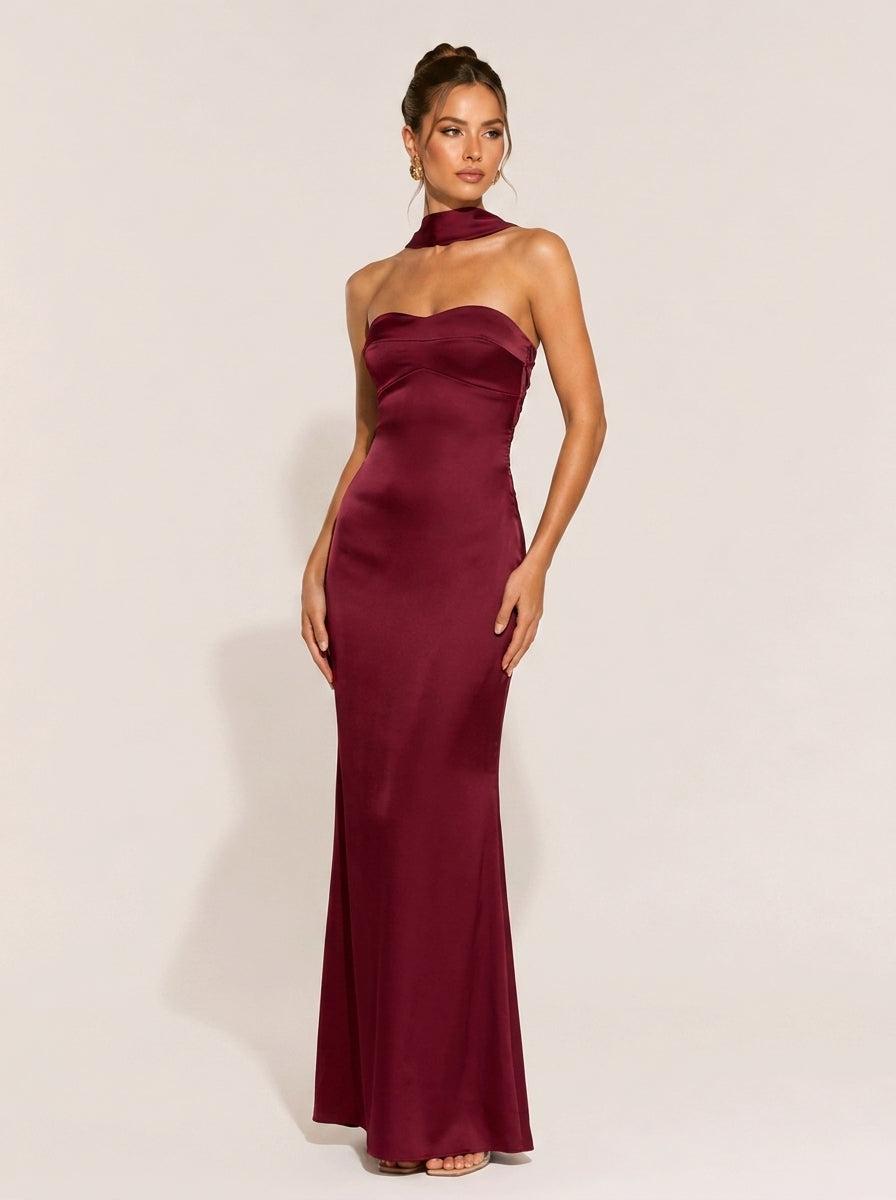 Burgundy Satin Backless Mermaid Maxi Dress