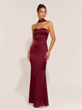 Burgundy Satin Backless Mermaid Maxi Dress