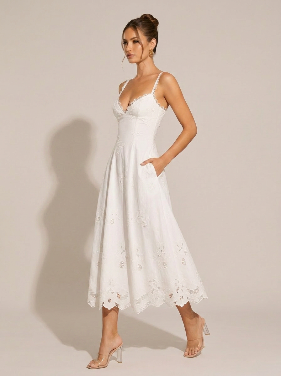 Zephrina Isadora eyelet lace-trim midi dress in white