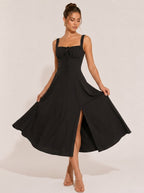 Zephrina Vivienne ruched square neck midi dress in black