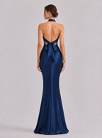 Zephrina Amandine cross-halter satin maxi dress in navy