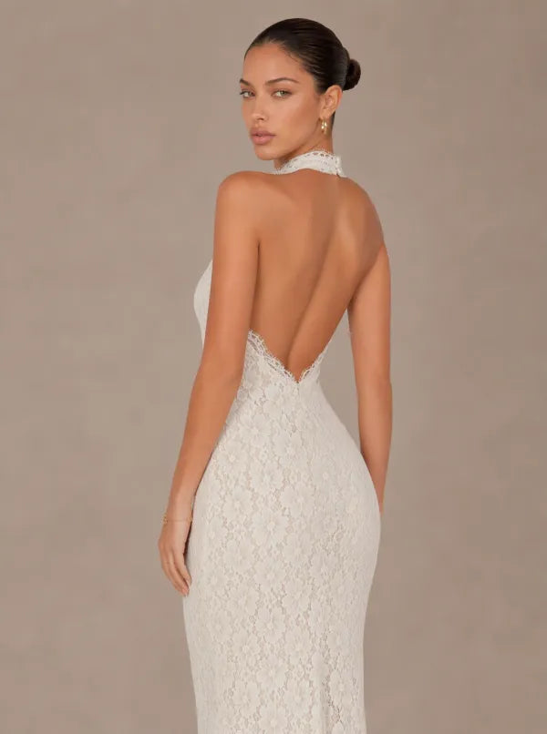 Zephrina Avelina halter floral lace maxi dress in white with a fitted mermaid silhouette