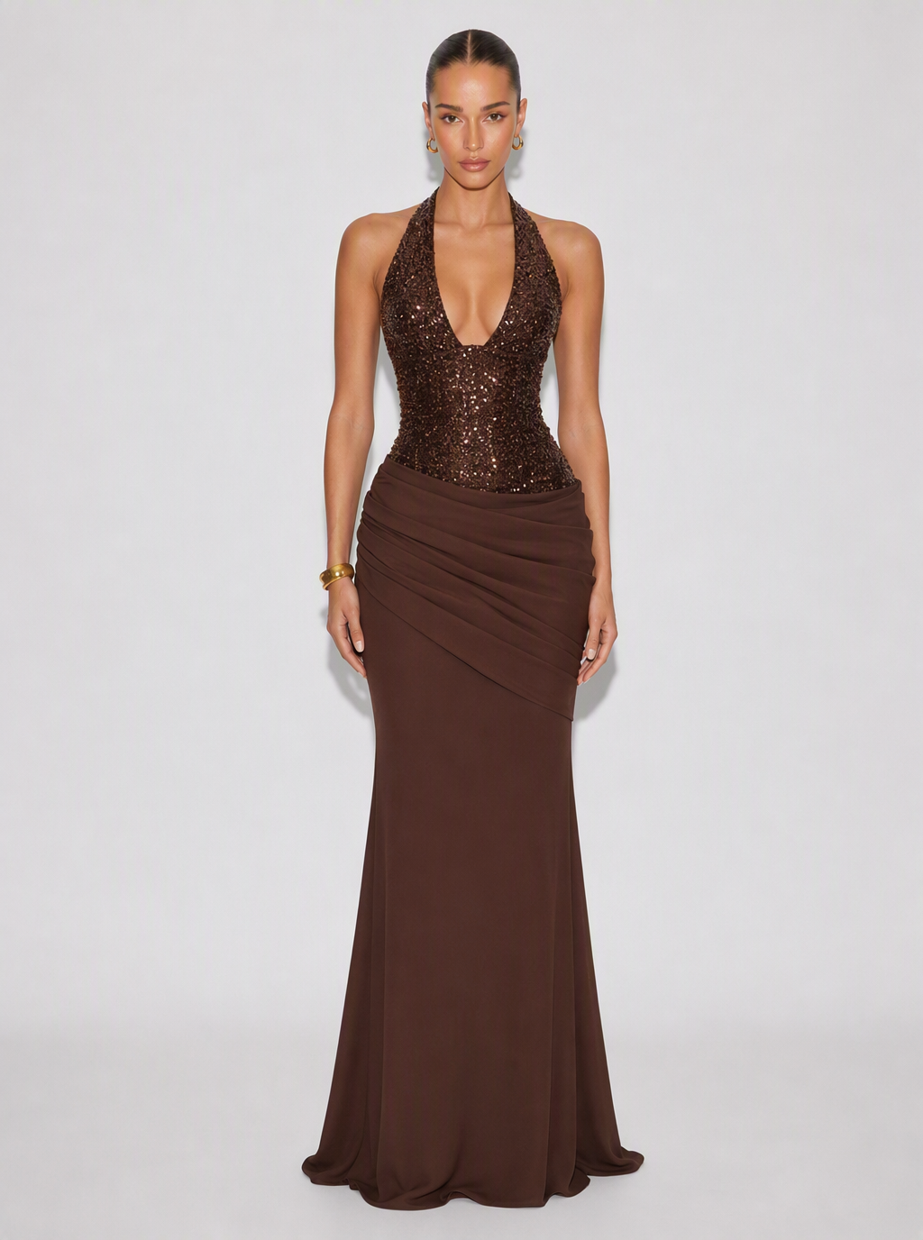 Zephrina Vesper sequin halter maxi dress in dark brown
