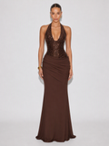 Zephrina Vesper sequin halter maxi dress in dark brown