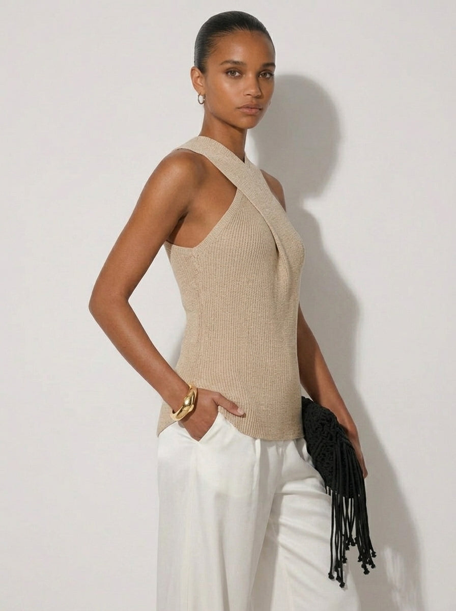 Zephrina Ondine cross halter knit top in khaki