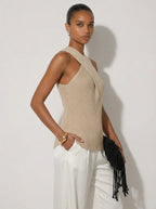 Zephrina Ondine cross halter knit top in khaki