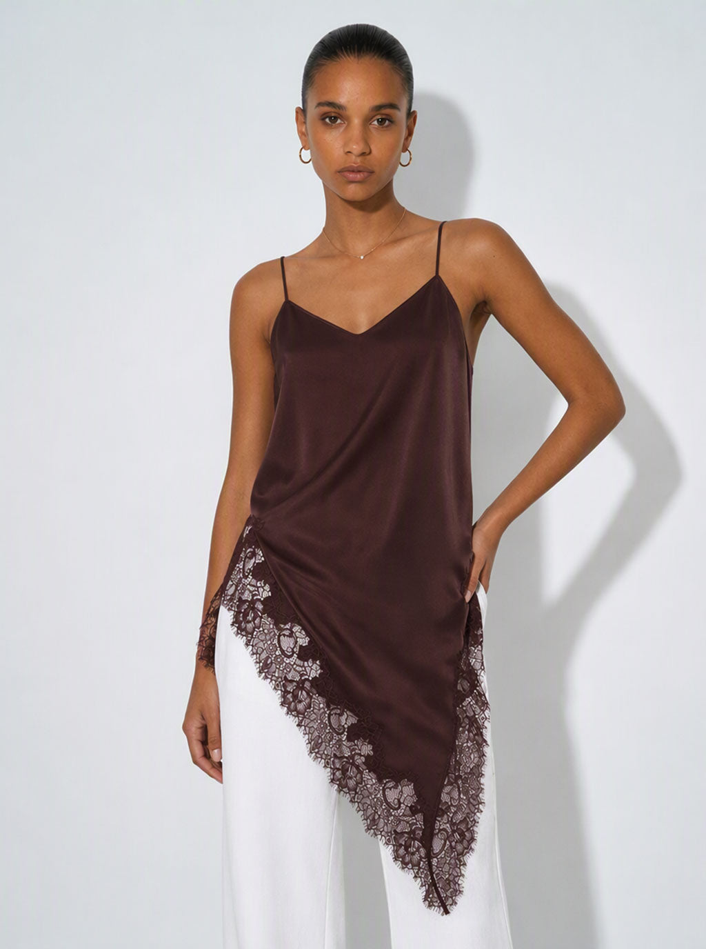 Zephrina Orla lace trim cami top in brown