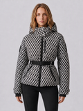 Zephrina Ailsa belted hooded quilted jacket in black and white geometric check