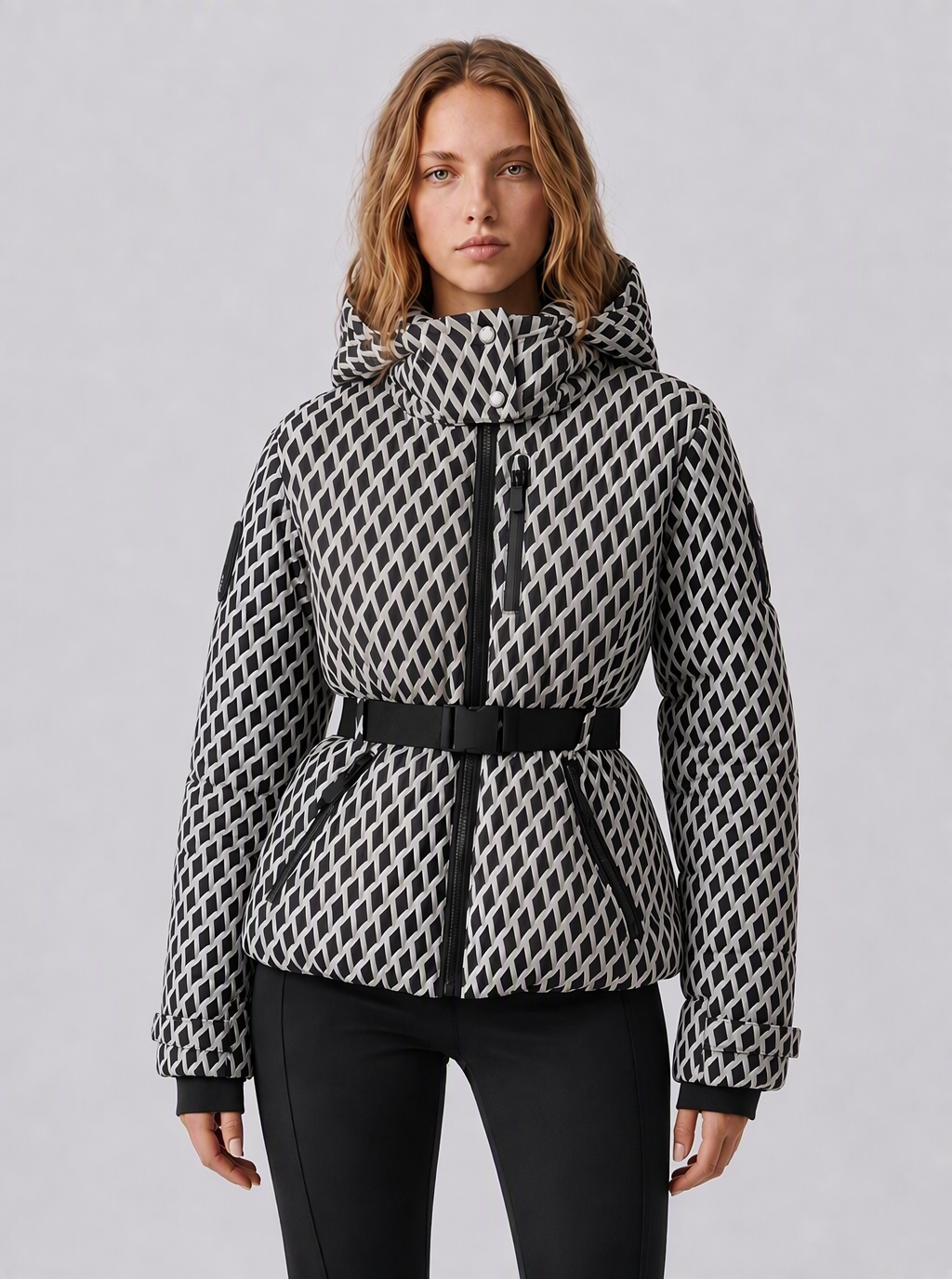 Zephrina Ailsa belted hooded quilted jacket in black and white geometric check