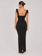 Zephrina Honoria bow-shoulder satin maxi dress in black