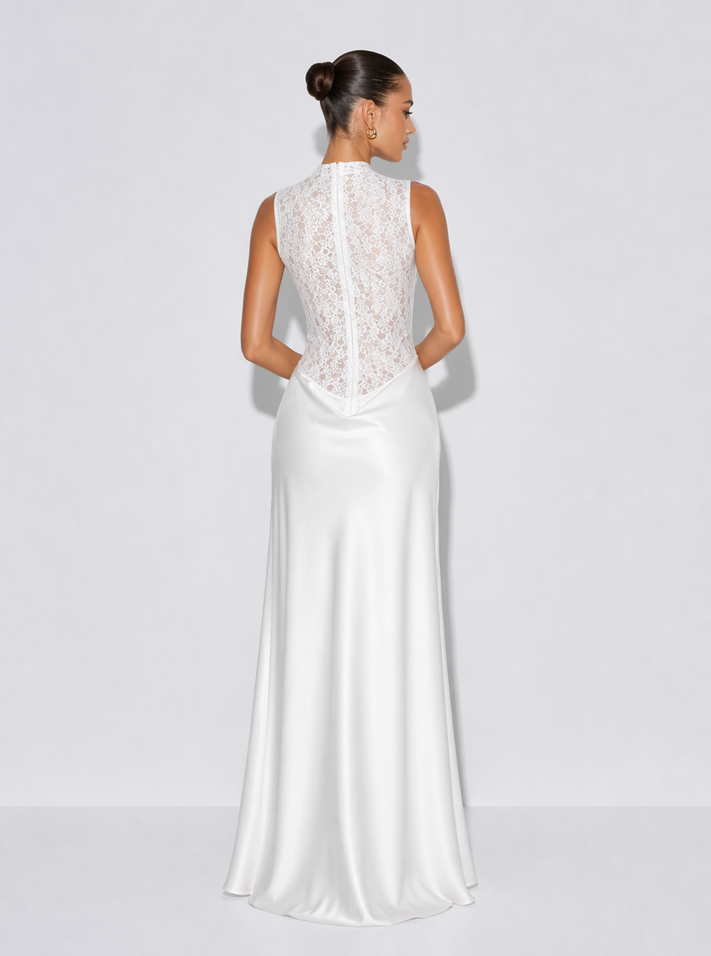 Zephrina white rosette lace-panel maxi dress with high neckline