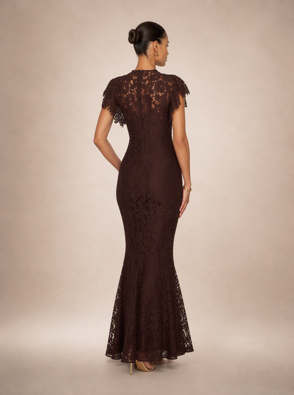 Zephrina Galatea high-neck lace maxi dress in brown
