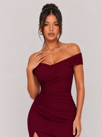 Zephrina Melisande off-shoulder slit maxi dress in red
