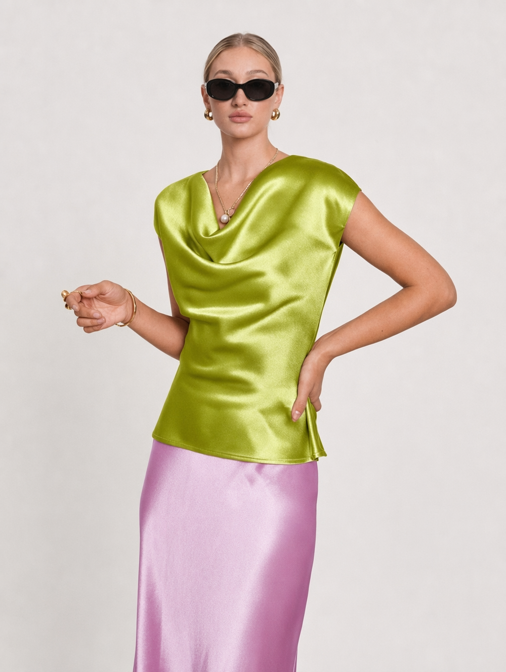 Elegant Acetate Satin Cowl Neck Top + Maxi Skirt Set