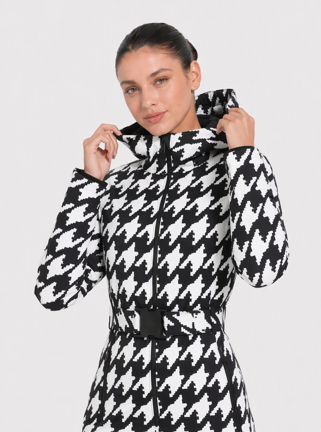 Zephrina Bryony graphic print one-piece ski suit in black and white houndstooth