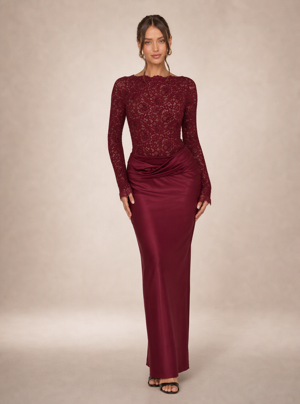 Zephrina Rosavelle lace sleeve satin maxi dress in burgundy