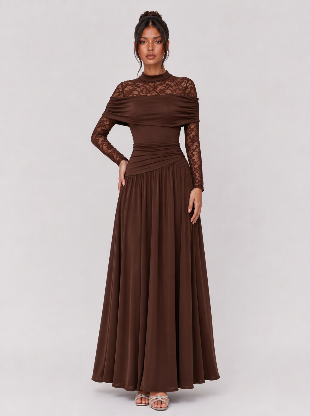 Zephrina Eulalia lace-sleeve draped maxi dress in red