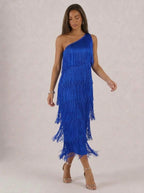 Zephrina Orielle one-shoulder fringe midi dress in royal blue