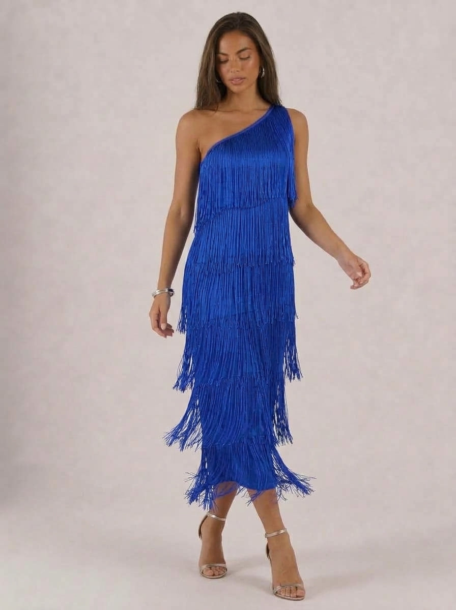 Zephrina Orielle one-shoulder fringe midi dress in royal blue