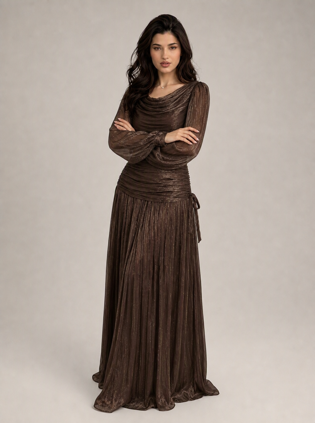 Zephrina Nerissa ruched sheer maxi dress in brown