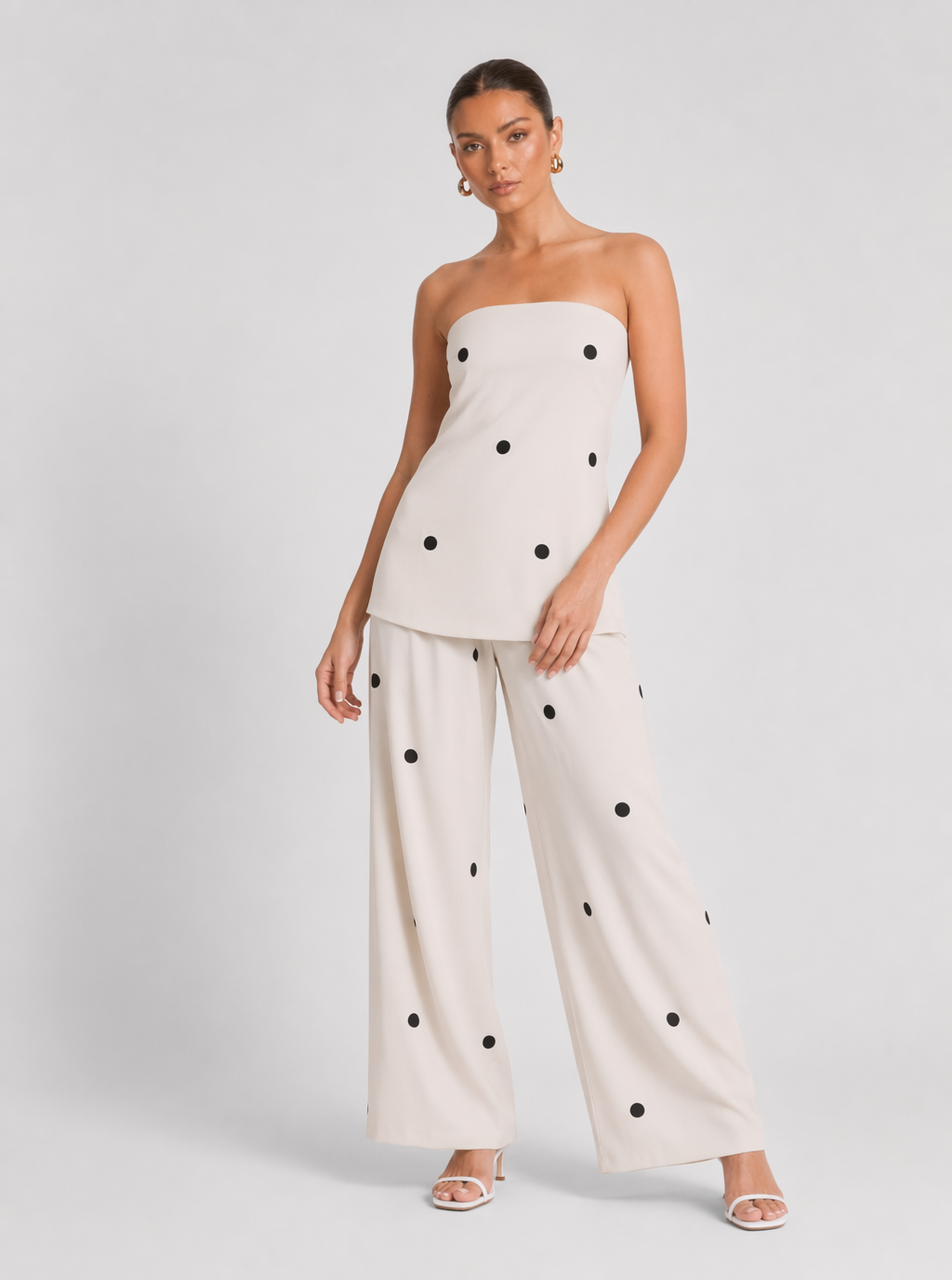 Zephrina Polka Dot Strapless Two-Piece Wide Leg Co-Ord Set