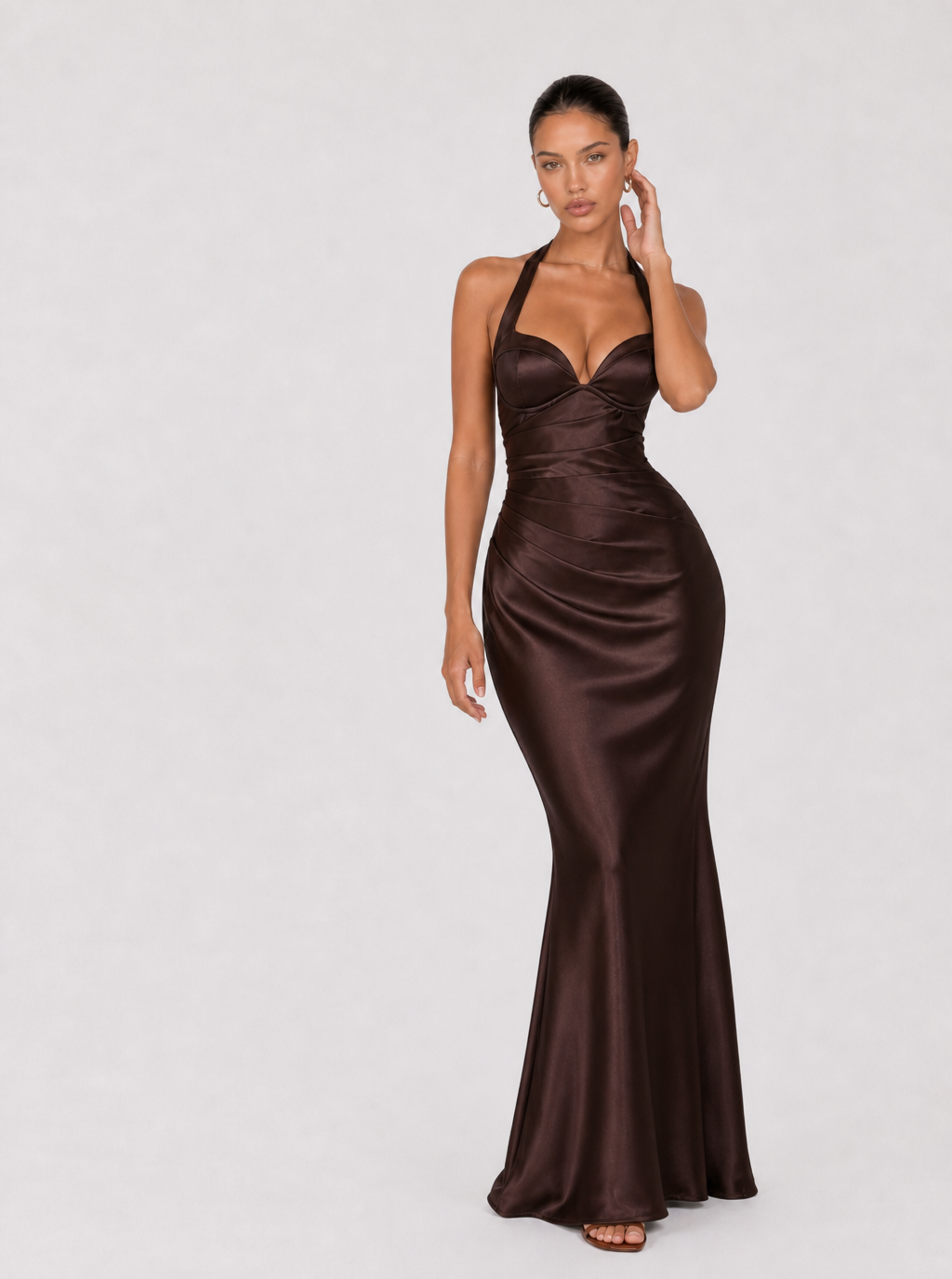 Zephrina Philomena halter satin maxi dress in brown