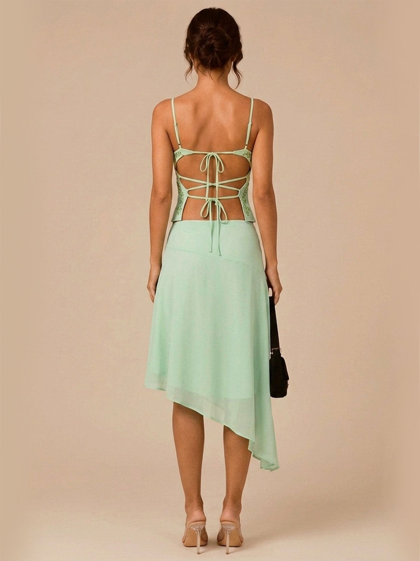 Zephrina Green Floral Embroidery Cami & Asymmetrical Skirt Two Piece Set