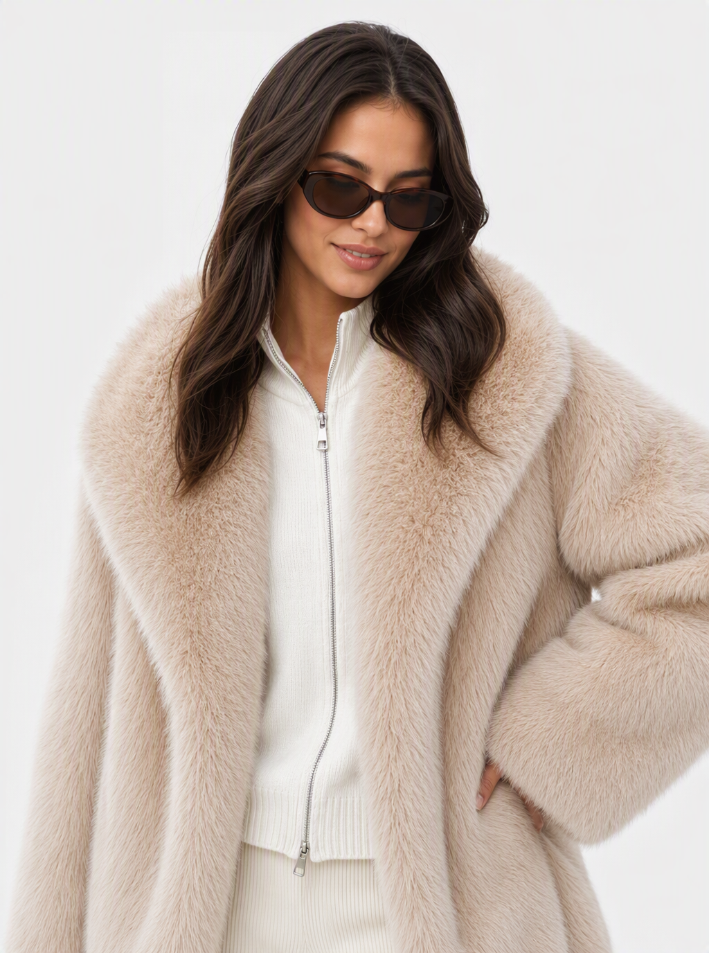 Zephrina Sabine shawl collar faux fur coat in apricot
