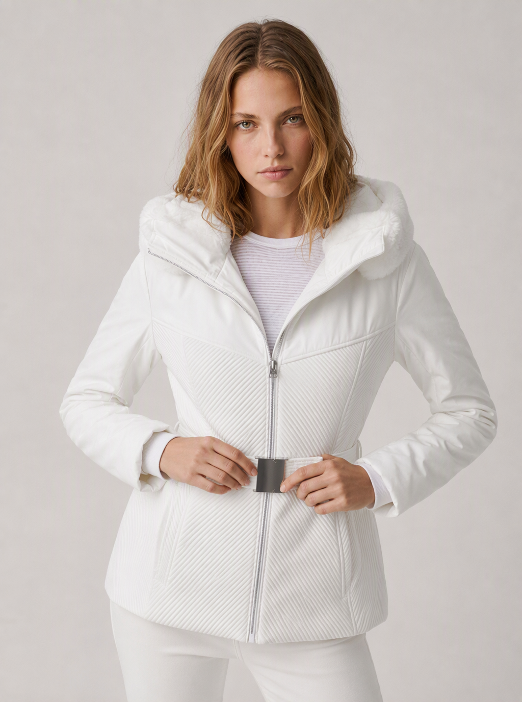 Zephrina Lovisa belted plush-collar hooded jacket in white