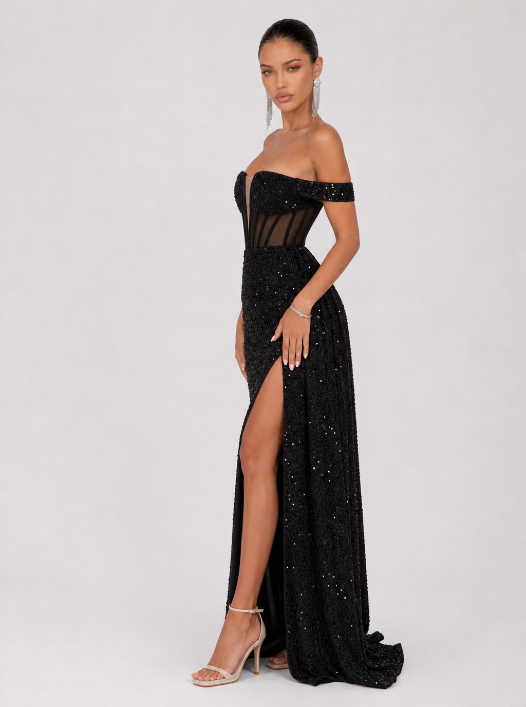 Zephrina Fiorella off-shoulder sequin maxi dress in black