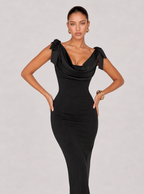 Zephrina Honoria bow-shoulder satin maxi dress in black