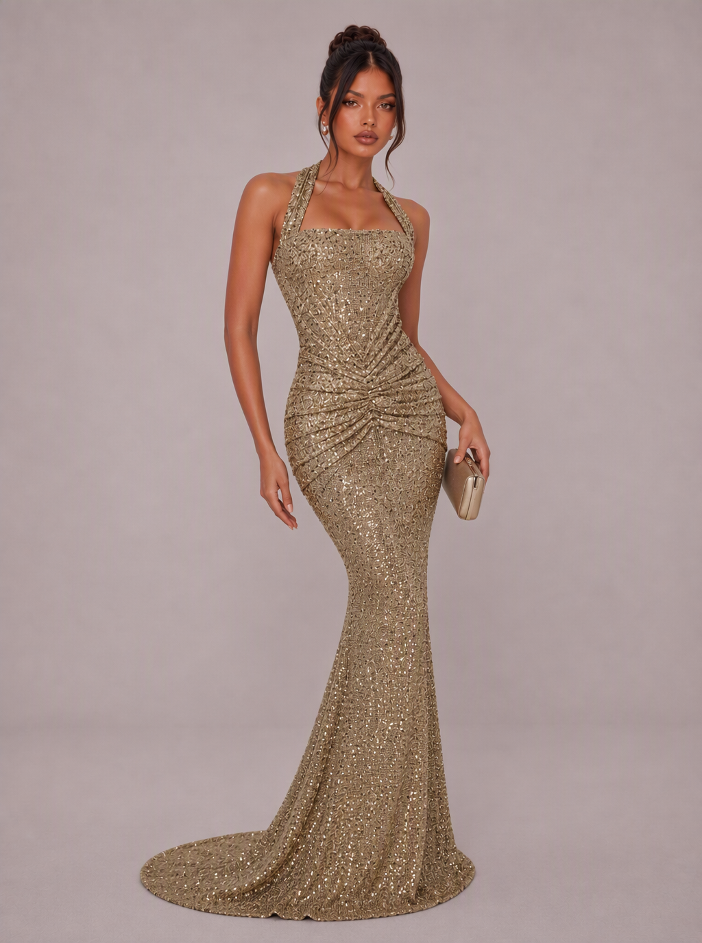 Zephrina Odelisse ruched sequin maxi dress in champagne gold