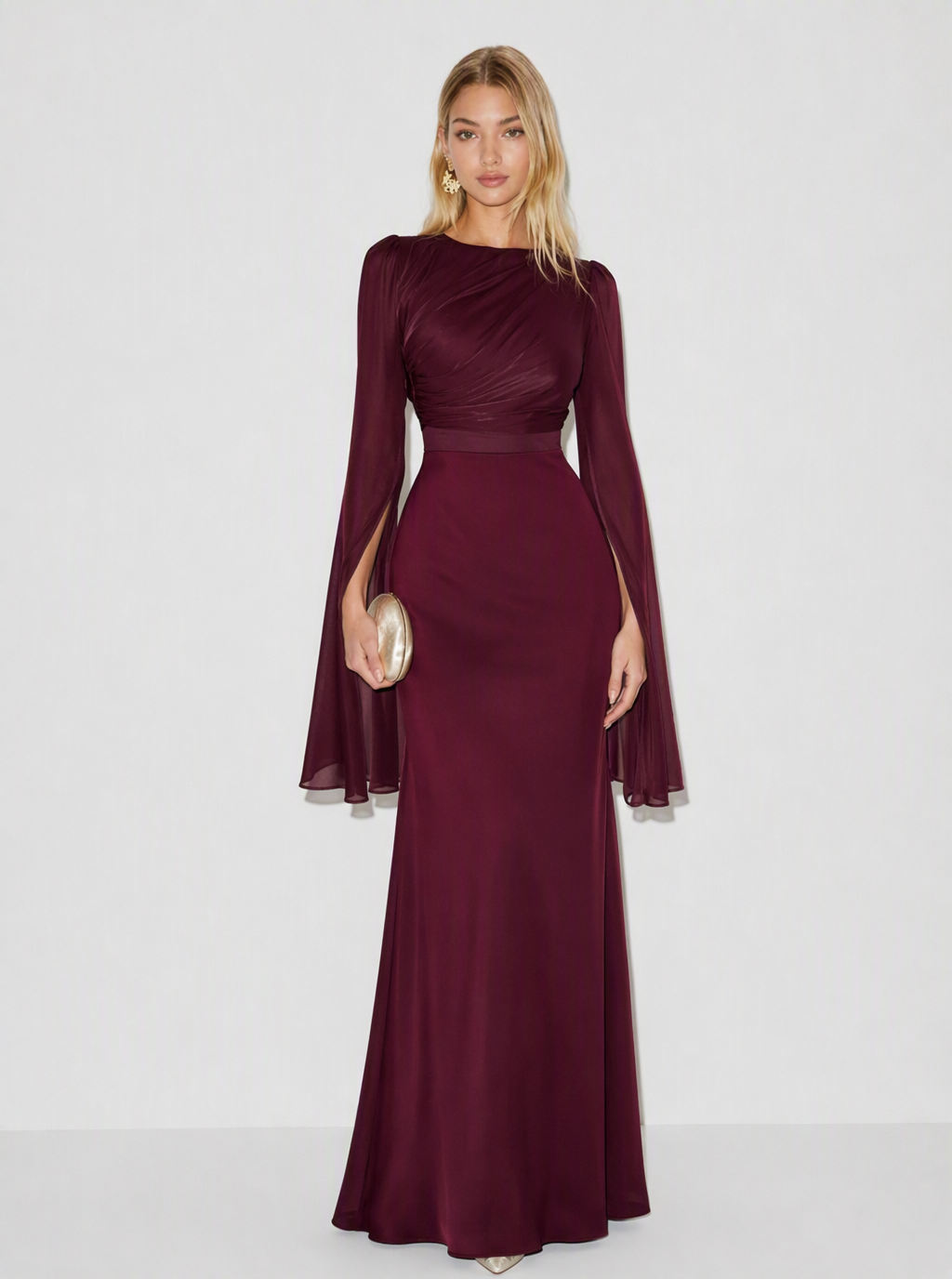 Zephrina Evelina satin cape sleeve maxi dress