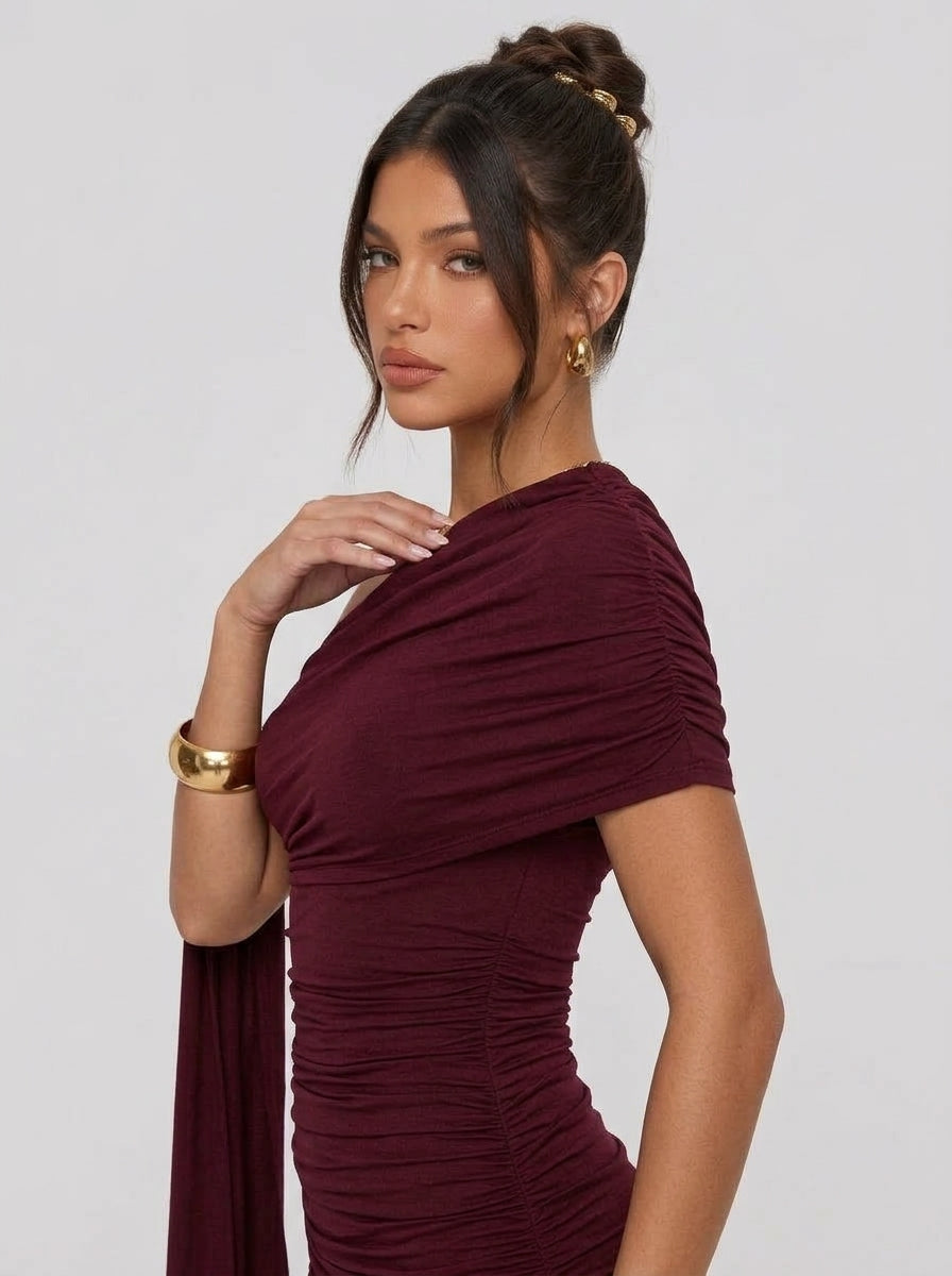 Zephrina Ghalia draped knit maxi dress in burgundy