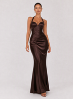 Zephrina Philomena halter satin maxi dress in brown