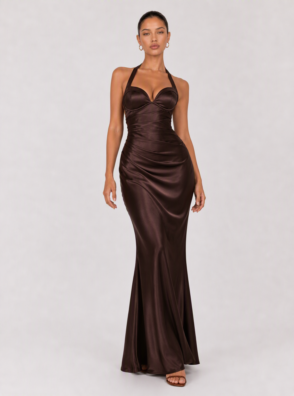 Zephrina Philomena halter satin maxi dress in brown