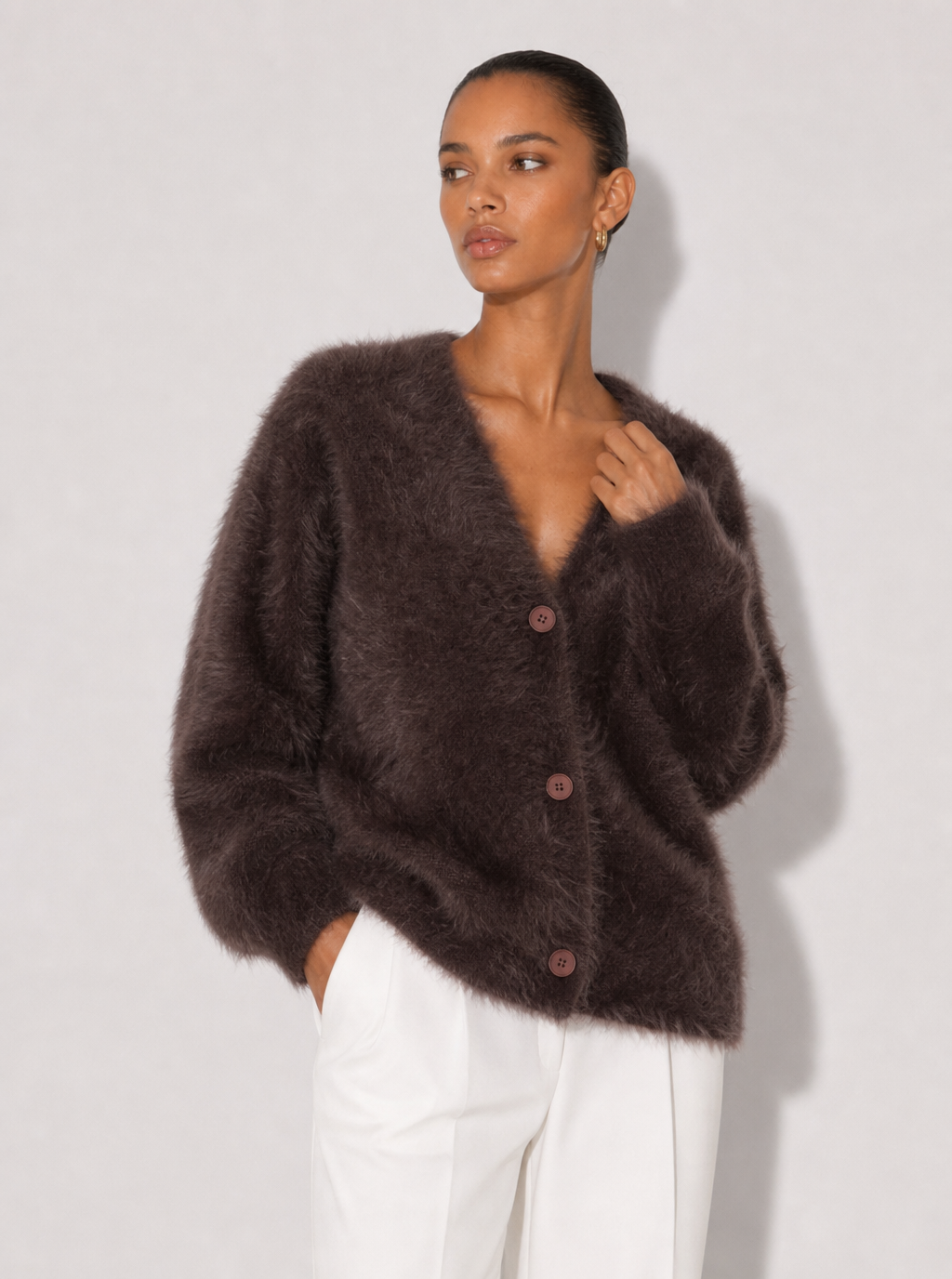 Zephrina Adara plush button cardigan in khaki