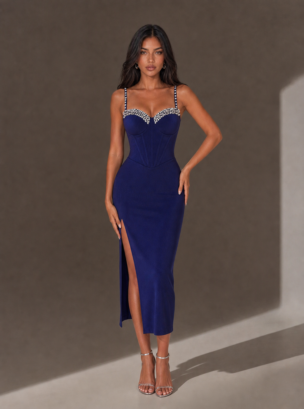 Zephrina Theophila sparkle-trim slit midi dress in black
