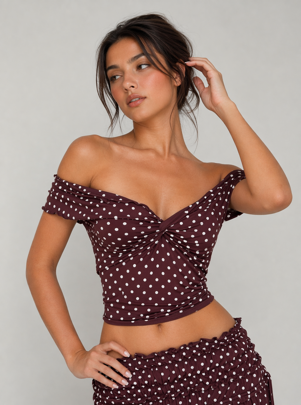 Zephrina Vintage Polka Dot Off-Shoulder Two-Piece Maxi Set