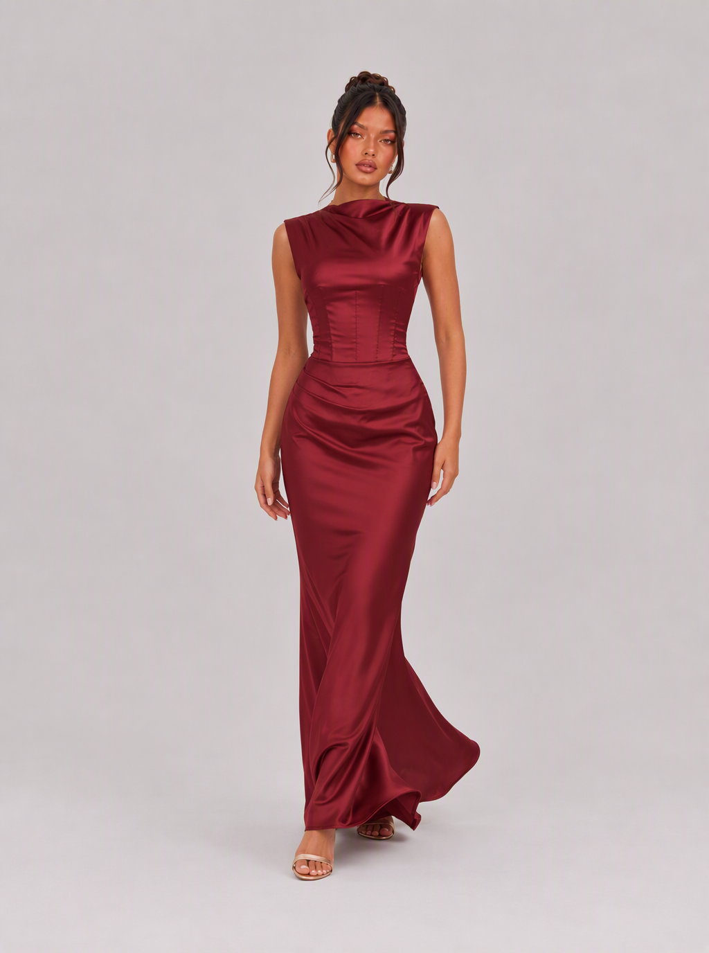 Zephrina Apolline high-neck satin maxi dress in burgundy