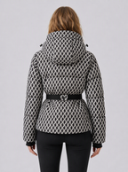 Zephrina Ailsa belted hooded quilted jacket in black and white geometric check