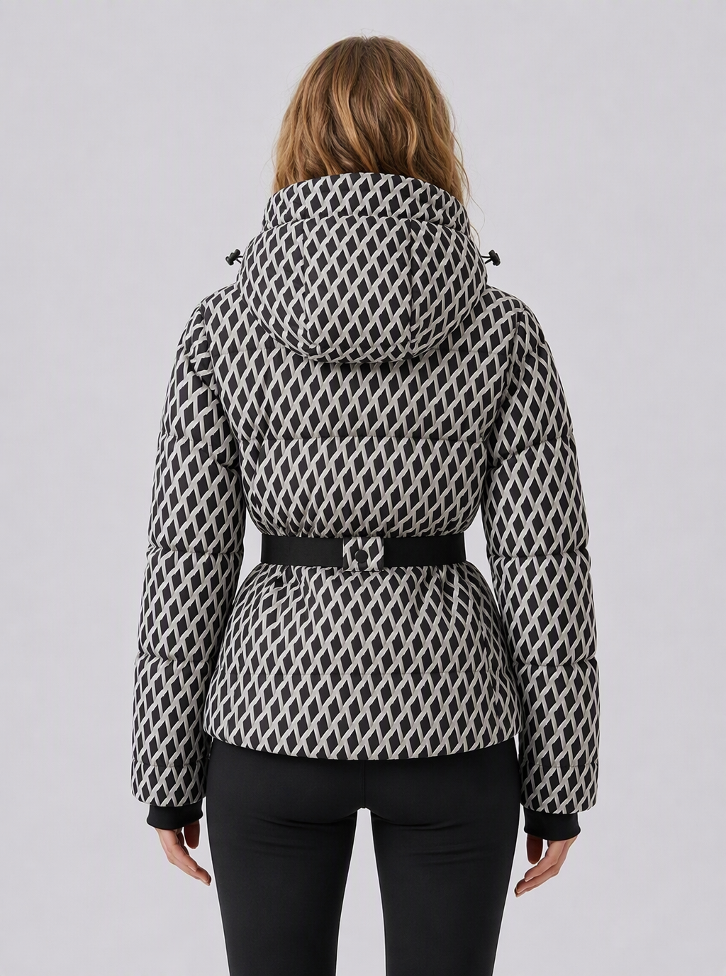 Zephrina Ailsa belted hooded quilted jacket in black and white geometric check