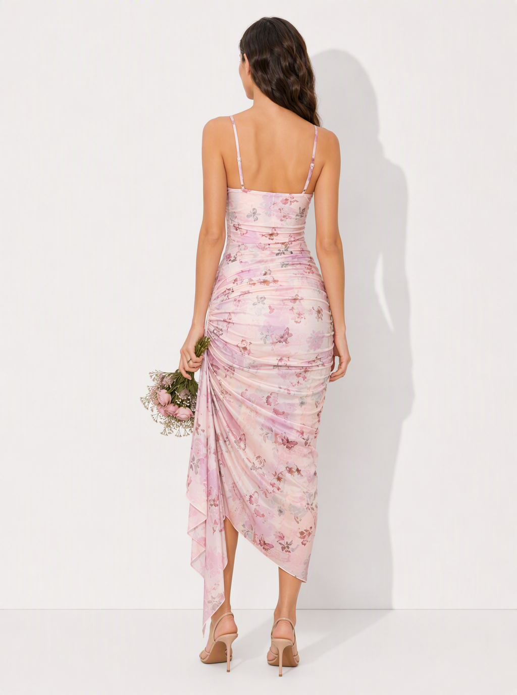 Zephrina Sylvie ruffle slit midi dress in pink floral