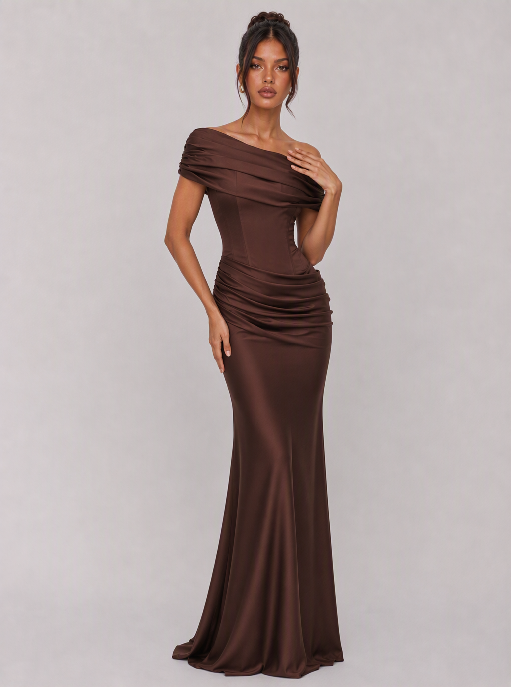 Zephrina Lucetta off-shoulder ruched maxi dress in brown