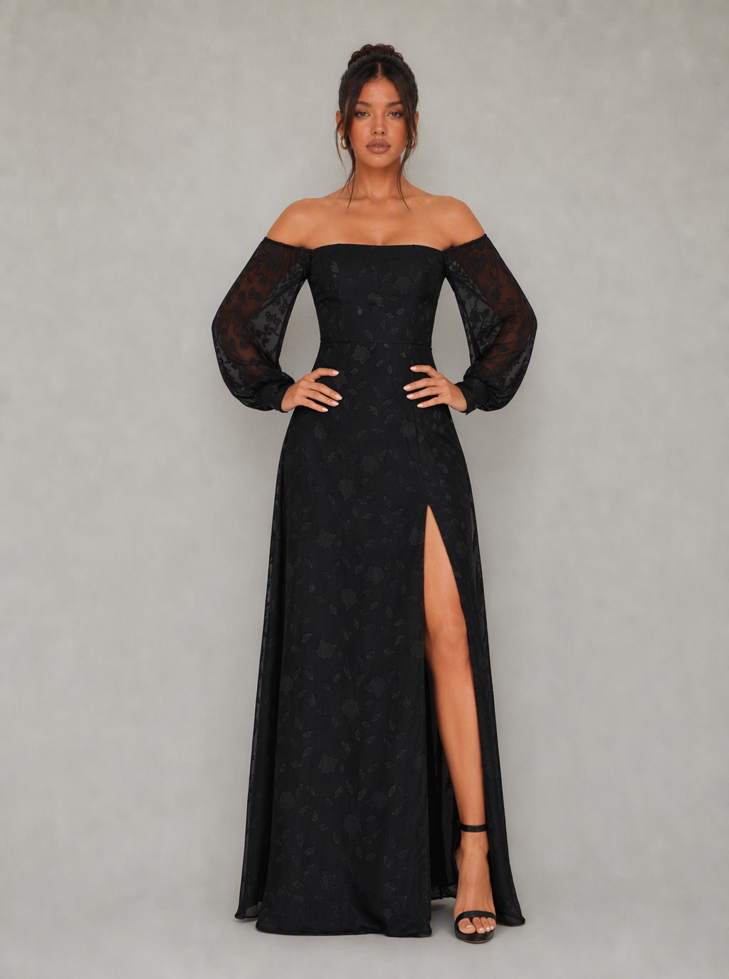 Zephrina Aureliane off-shoulder mesh slit maxi dress in black