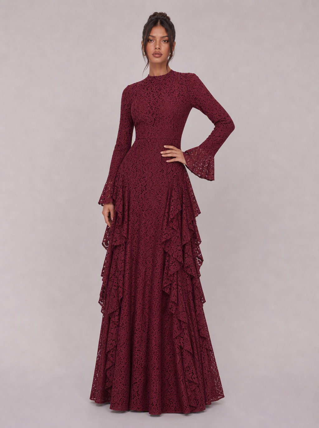 Zephrina Isolenne ruffle knit maxi dress in burgundy